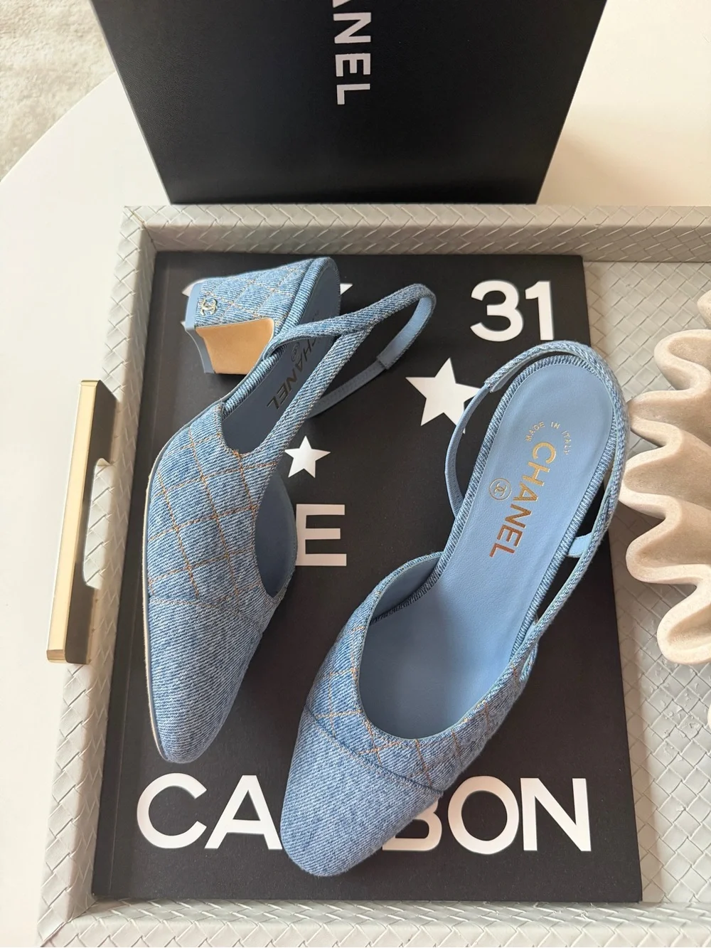 Chanel 26B CC Logo Light Blue Quilted Denim Jean Slingback Pumps Chunky Heel 38